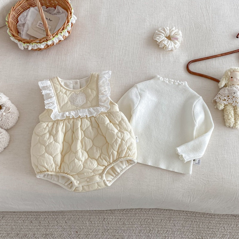 【BABY】冬新作レーススクエアカラ—キルティングあったかロンパースSK103111