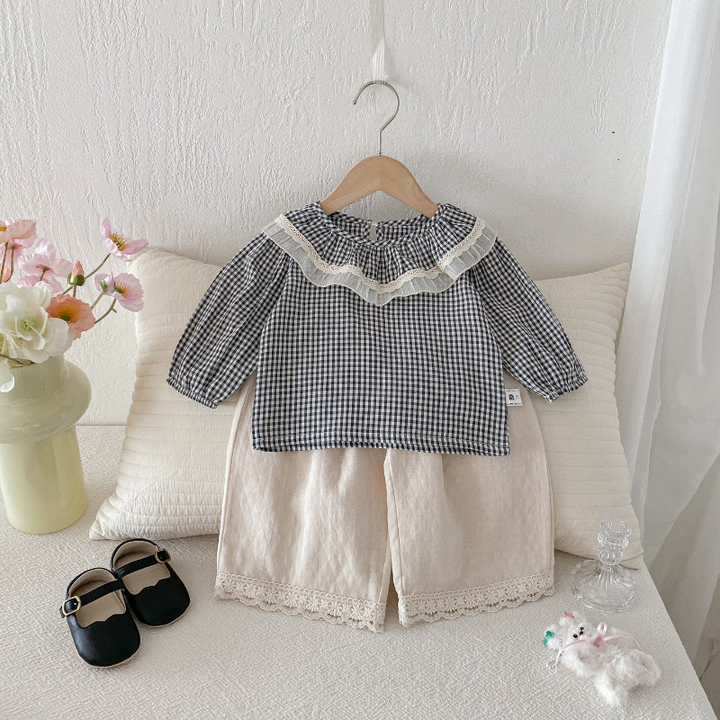 【BABY】チェックレースブラウス、ベージュワイドパンツSK101430