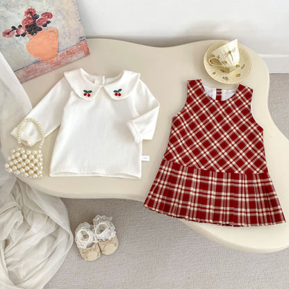 【BABY&KID】学院風チェックワンピース、さくらんぼ刺繍襟ＴシャツSK100842