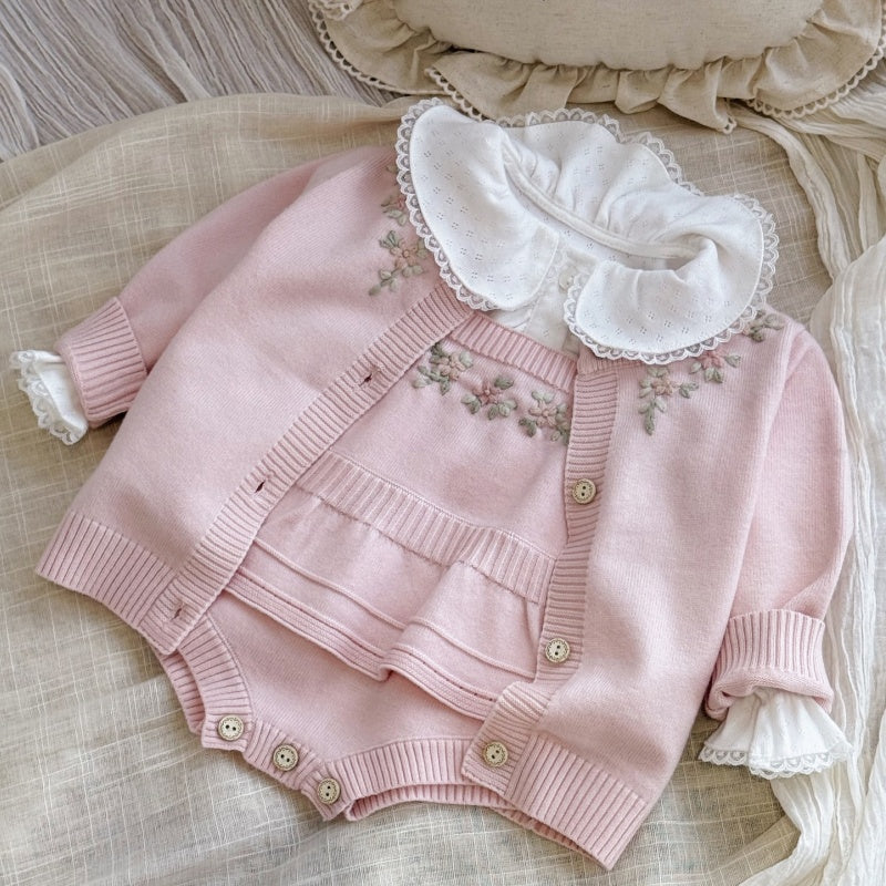【BABY】フリル刺繍ニットロンパース、ニットカーディガンSK106917