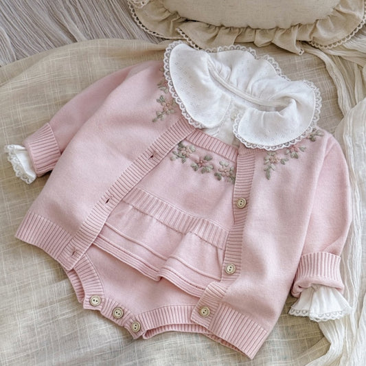 【BABY】フリル刺繍ニットロンパース、ニットカーディガンSK106917