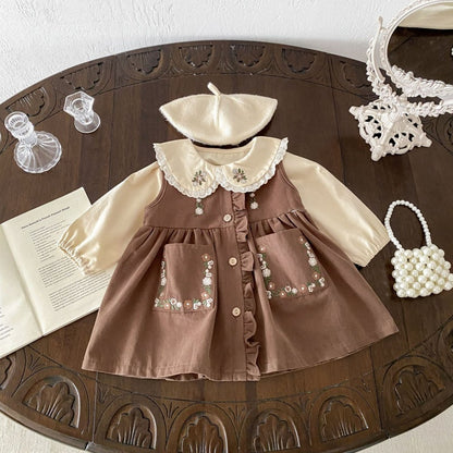 【BABY&KID】花刺しゅう入り丸襟トップス、ノースリーブワンピースSK050807