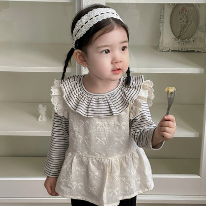 【BABY】蝶結び刺繍ベスト＆ボーダーTシャツ、ブラックフレアパンツSK101432