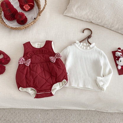 【BABY】冬新作キルティング蝶結びあったかロンパースSK103108