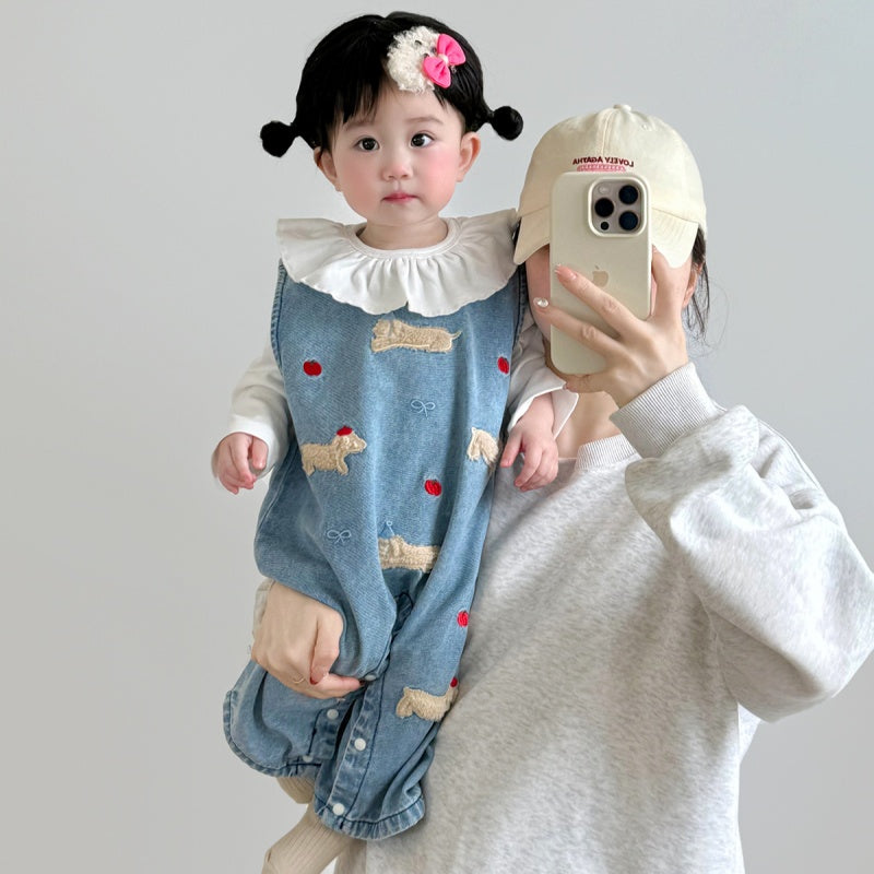 【BABY】りんご&犬柄デニムサロペット、うさぎ刺繍TシャツSK100536