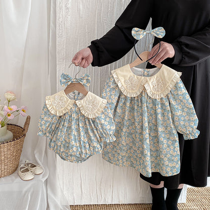 【姉妹服】花刺繍襟ロンパース、ワンピースSK101135