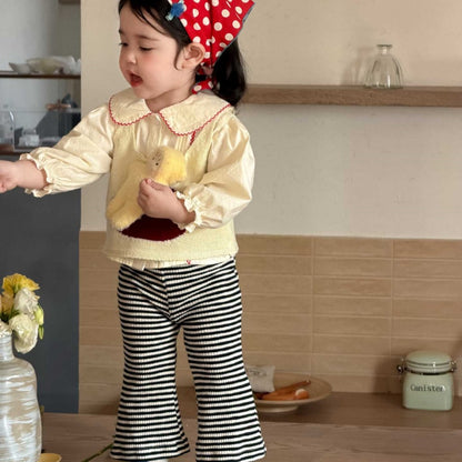 【BABY&KID】カートゥーン柄ニットベスト、丸襟ブラウス、ボーダーパンツSK104003