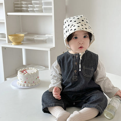 【BABY】英字プリントデニムサロペット、ボーダーTシャツSK010327