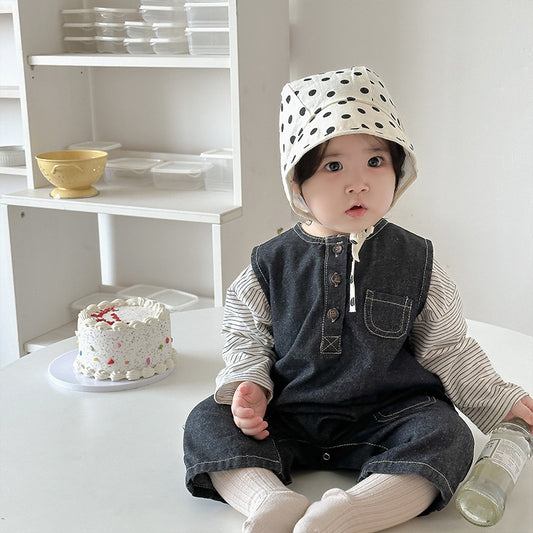 【BABY】英字プリントデニムサロペット、ボーダーTシャツSK010327