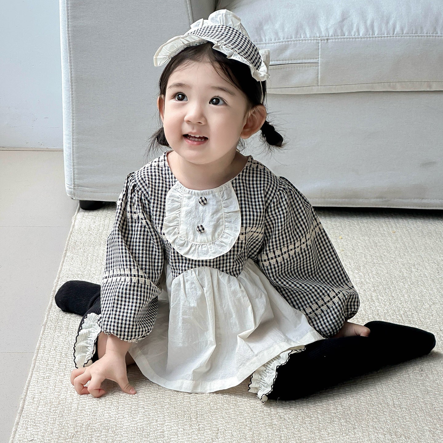 【BABY】チェックサロペットロンパース&ヘアバンドSK100444