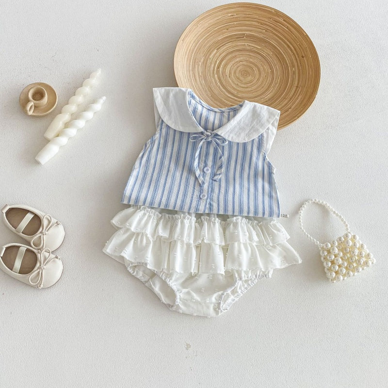【BABY】夏新作丸襟ストライプノースリーブシャツ＆フリルショートパンツSK104618