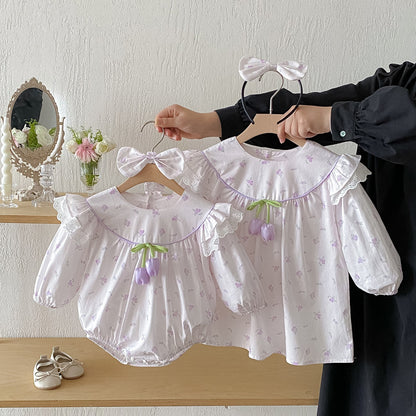 【姉妹服】パープルチューリップロンパース、ワンピースSK101124
