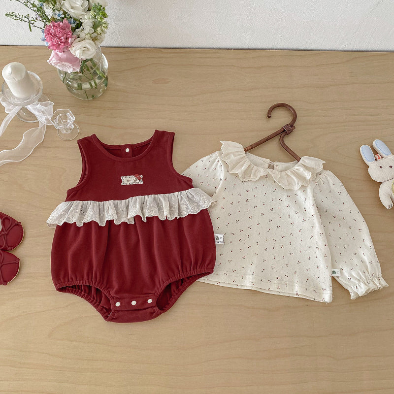 【BABY】刺繍ロンパース&レース襟小花柄ガールズシャツ2点セットSK103404