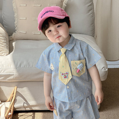【BABY】夏新作 チェック柄わんこ刺繍セットアップSK090621