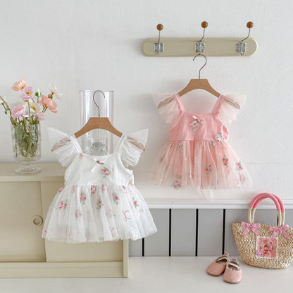 【BABY】夏新作 フラワー刺繍プリンセスロンパースワンピSK081708