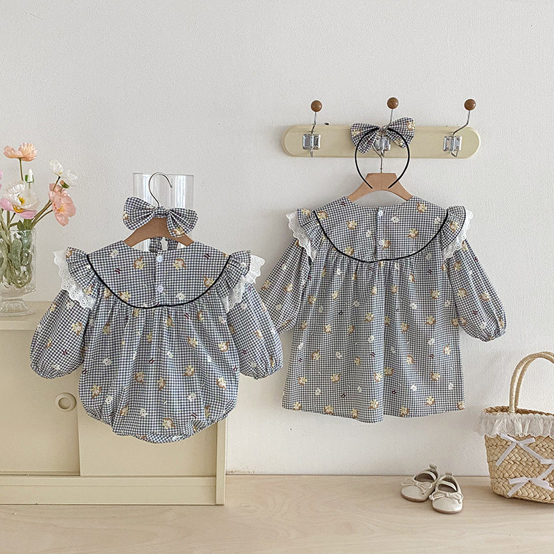 【姉妹服】チェックくまロンパース、ワンピースSK101121