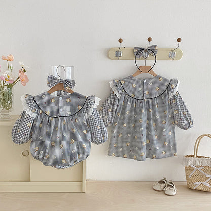 【姉妹服】チェックくまロンパース、ワンピースSK101121