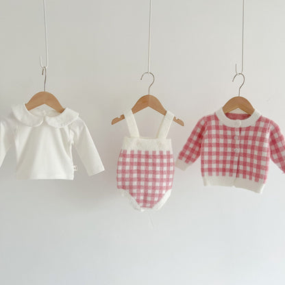 【BABY】チェックサロペットロンパース、カーディガンSK101535