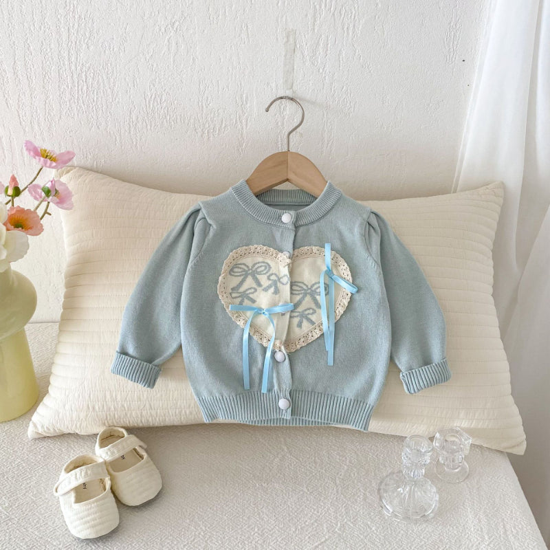【BABY】レースハート蝶結びニットカーディガンSK092423