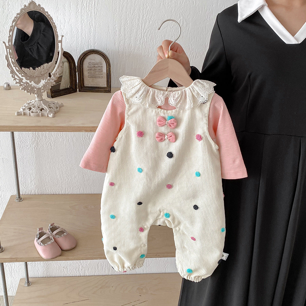 【BABY】コーデュロイカラードットサロペットロンパース&レース襟TシャツSK100443