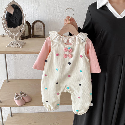 【BABY】コーデュロイカラードットサロペットロンパース&レース襟TシャツSK100443