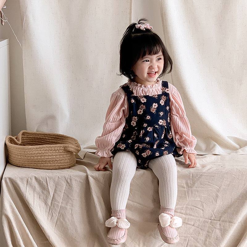 【BABY】小花柄サロペットロンパース&パフスリーブトップスSK100442