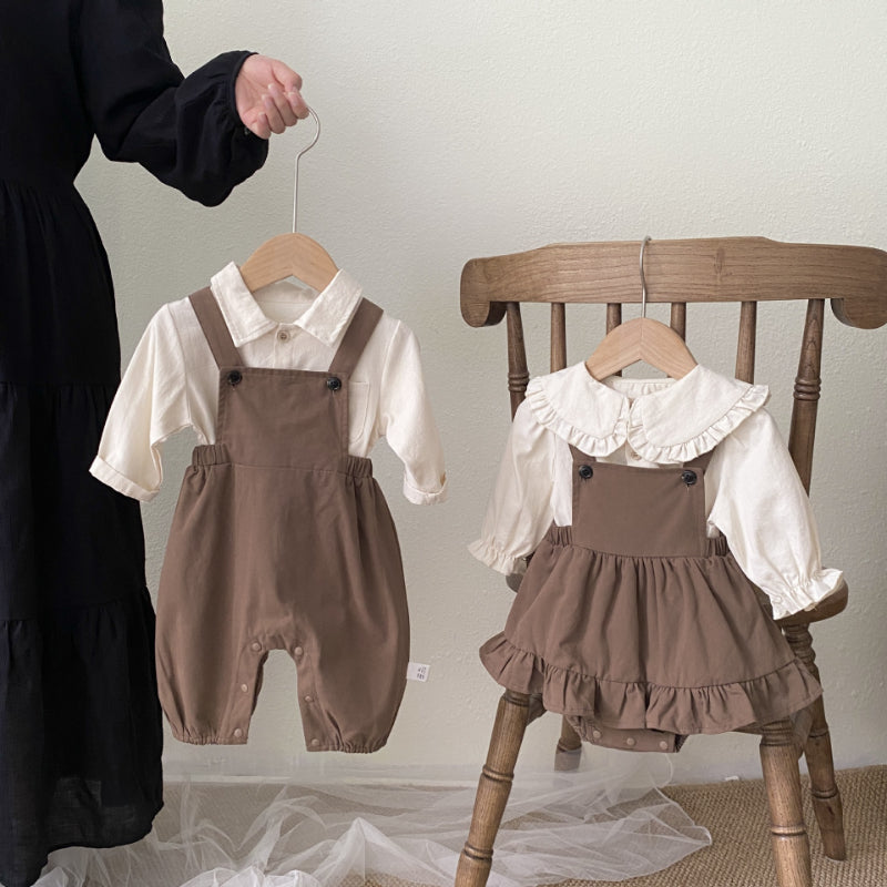 【BABY】ブラウンサロペットロンパース＆シャツセットSK092823