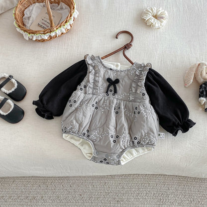 【BABY】冬新作小花柄蝶結びキルティングロンパースSK103102