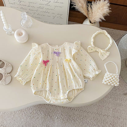 【BABY】ダブルガーゼ 蝶結びドットロンパースSK093001