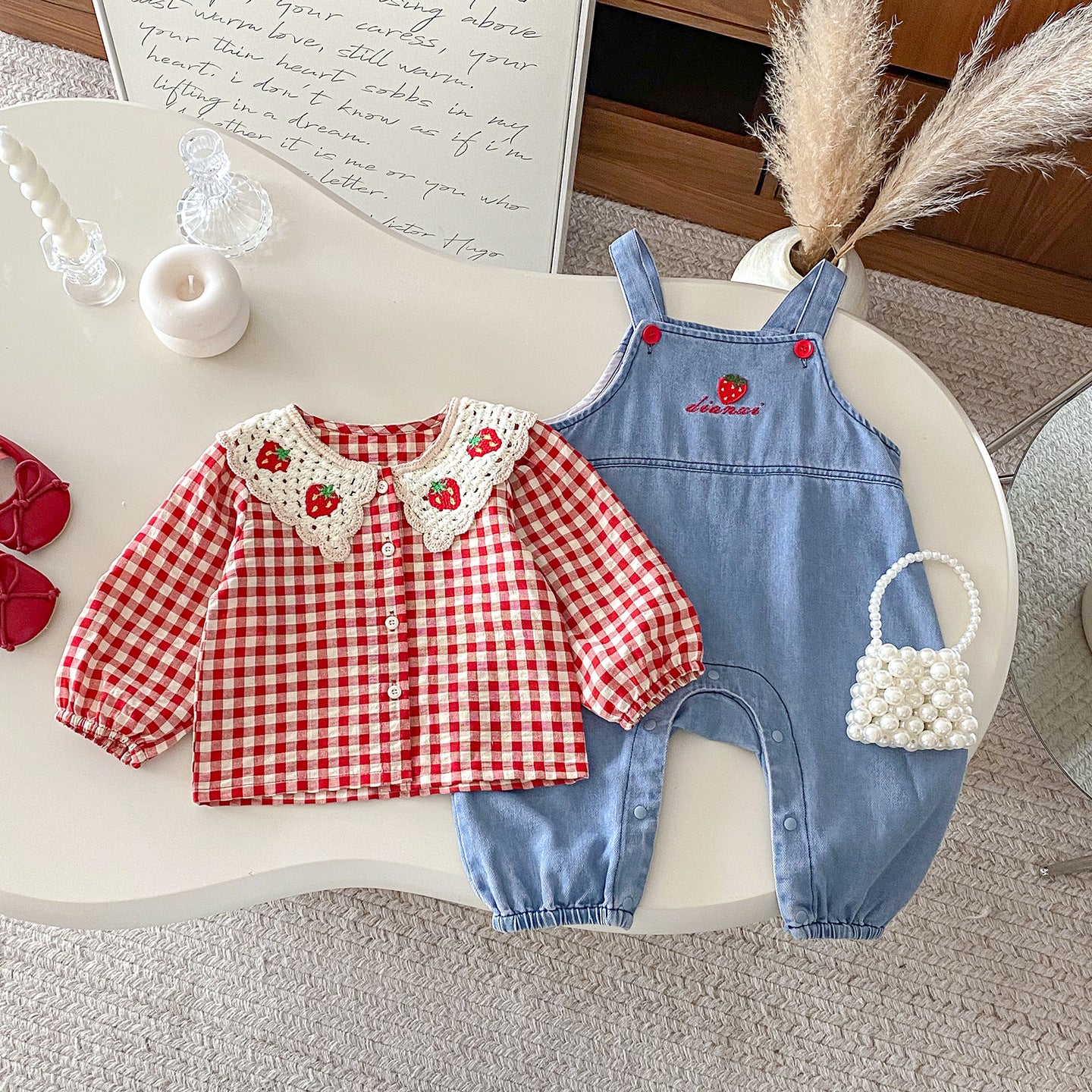 【BABY】いちごチェックブラウス&いちご刺繍サロペットSK100804