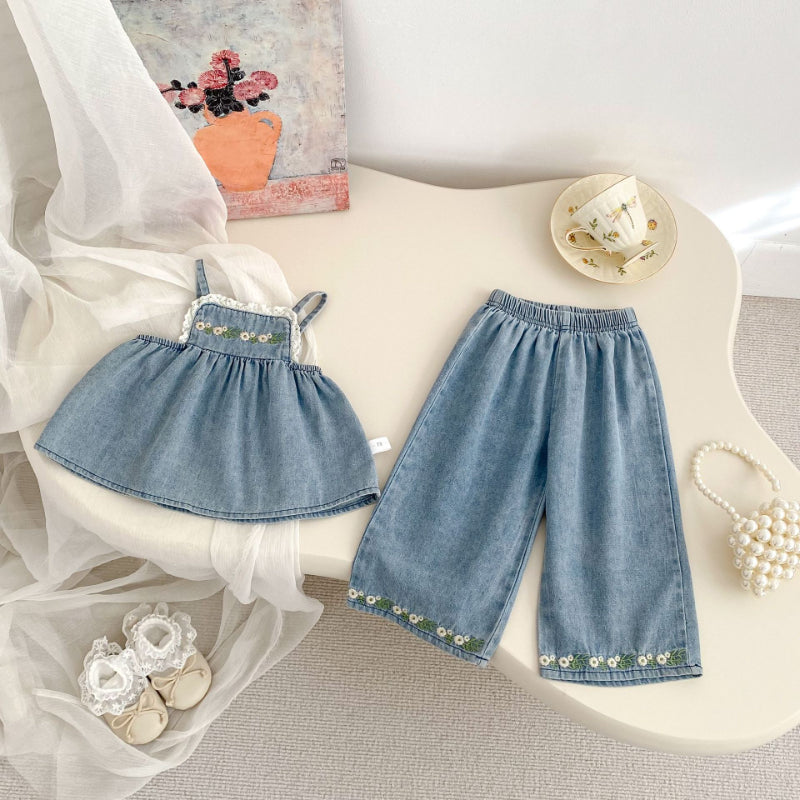 【BABY&KID】夏新作 フラワー刺繍デニムセットアップSK081531