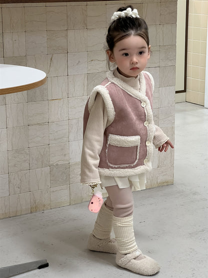 【BABY&KID】もこもこ暖かいベスト、 無地暖かいTシャツ、裏起毛レギンスSK021506