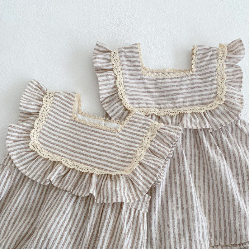 【姉妹服】夏新作 ストライプフリルロンパース、ワンピースSK072318