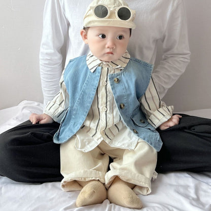 【BABY&KID】ストライプシャツ、デニムベスト、アーモンドパンツSK100224