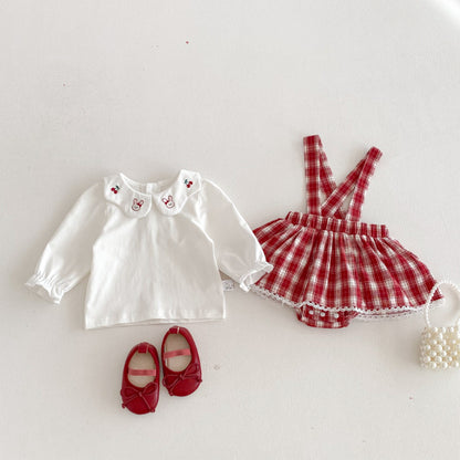 【BABY】チェックサロペットロンパース＆うさぎ刺繍SK103618