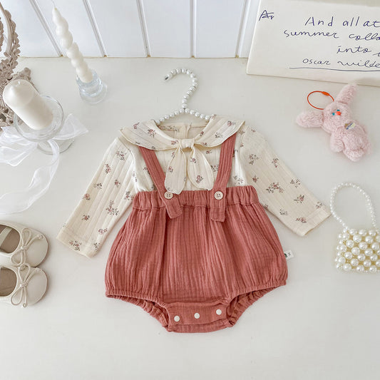 【BABY】リボン結び小花柄トップス&サロペットロンパースSK100440