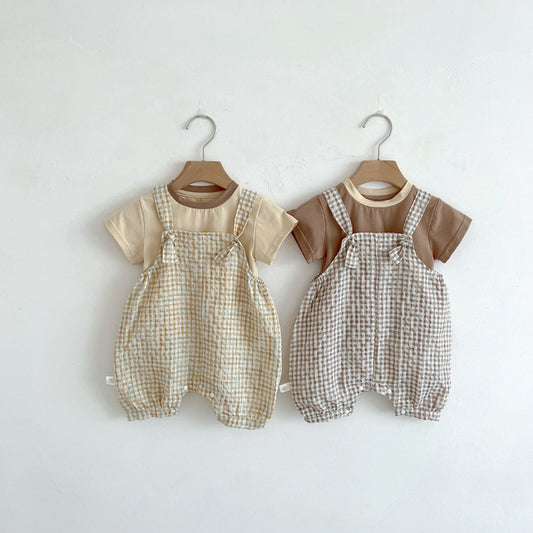 【BABY】夏新作 帽子付きチェックサロペット＆シャツ3点セットSK062602