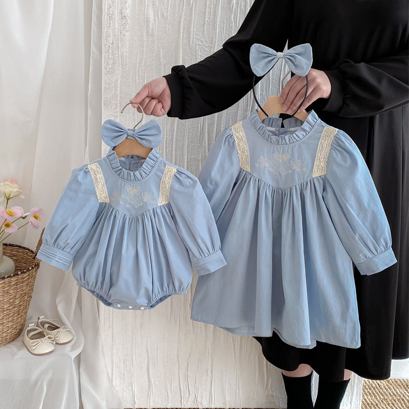 【姉妹服】フリル襟刺繍ロンパース、ワンピースSK101131