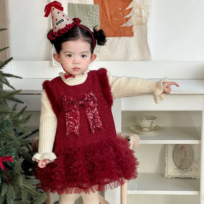 【BABY】冬新作蝶結びチュール厚手ワンピースSK103118