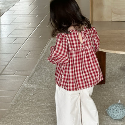 【BABY&KID】レッドチェックブラウス、ベージュパンツSK100839