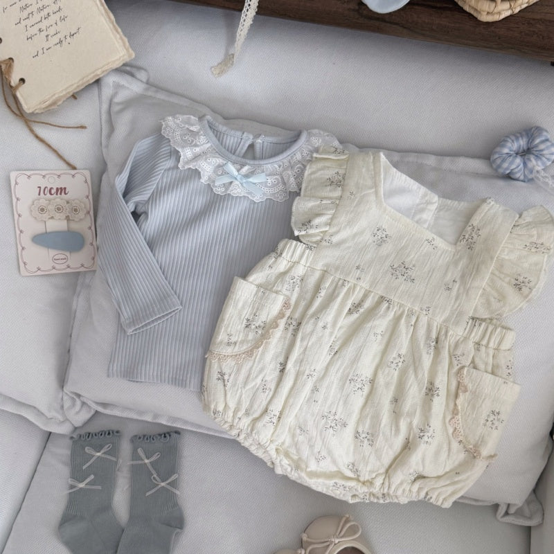 【BABY】ブルー小花柄ロンパース＆レーストップスSK106907