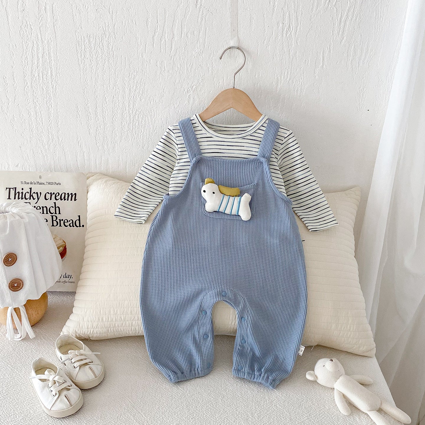【BABY】いぬサロペットパンツ&ボーダートップス2点セットSK100404