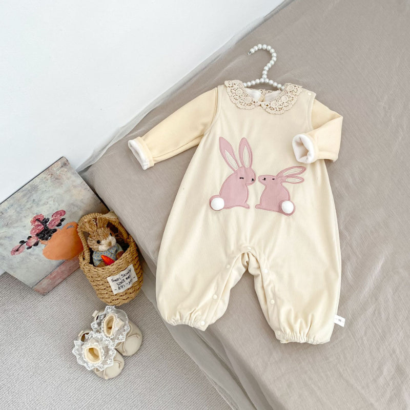 【BABY】うさぎ刺繍裏起毛サロペット、レーストップスSK101423