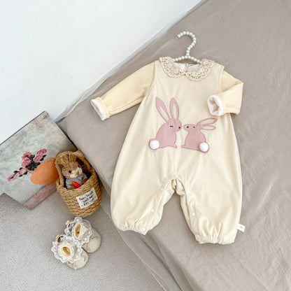 【BABY】うさぎ刺繍裏起毛サロペット、レーストップスSK101423