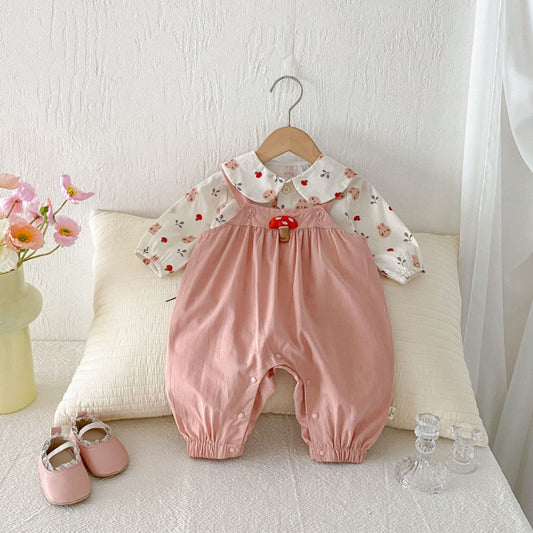 【BABY】小さな襟シャツ＆きのこサロペット2点セットSK092302