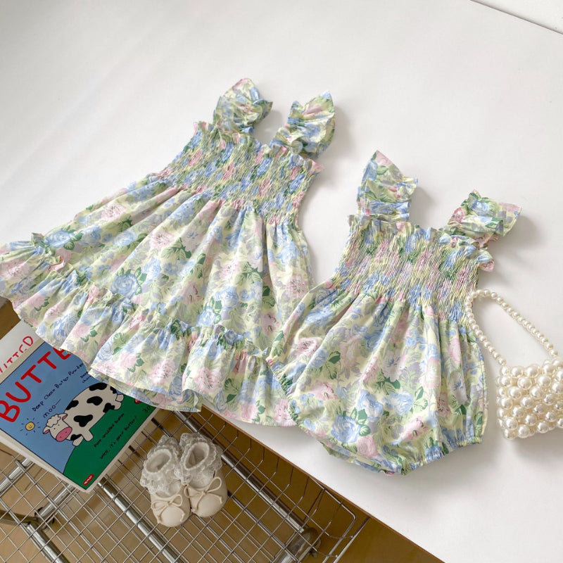 【姉妹服】夏新作 蝶結びフライングスリーブ花柄ロンパース、ワンピースSK072317