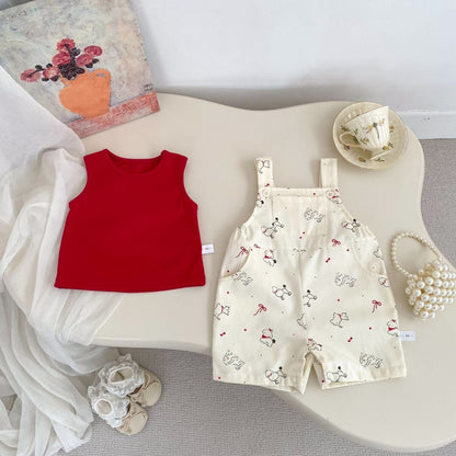 【BABY&KID】夏新作いぬプリントサロペットショートパンツ＆無地タンクトップSK105509