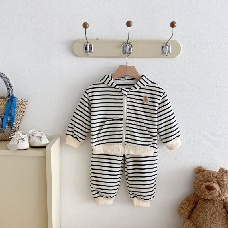 【BABY&KID】フード付きボーダーアウター＆パンツセットSK092439