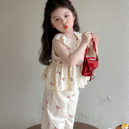 【BABY&KID】夏新作 ノースリーブ蝶結びプリントセットアップSK092630