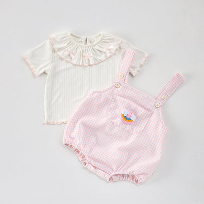 【BABY】夏新作 チェックサロペットロンパース＆TシャツSK092615